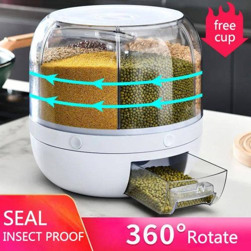 330a506b-4f40-42e6-b2cd-e4bb7aab0de1 360° Rotating Rice Barrel, 6-Grids Rice Storage Dry Food Dispenser Grain Storage Dried Fruit Food Storage Box