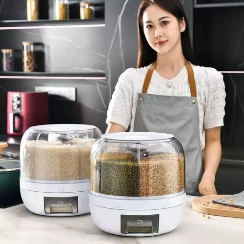 6a0ae963-62f3-4da8-9e58-2a2d210a9536 360° Rotating Rice Barrel, 6-Grids Rice Storage Dry Food Dispenser Grain Storage Dried Fruit Food Storage Box
