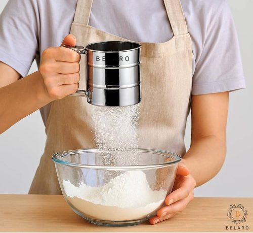 Flour Sifter, Stainless Steel Sifter for Baking, Double Layer Fine Mesh Baking Sifter, One Hand Press Crank Sifter for Powdered Sugar Shaker Duster, Flour Sieve Sifter for Baking Cakes Rondauno