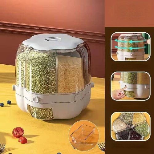 ec88c544-711d-4543-8a22-f57a9272e0de 360° Rotating Rice Barrel, 6-Grids Rice Storage Dry Food Dispenser Grain Storage Dried Fruit Food Storage Box