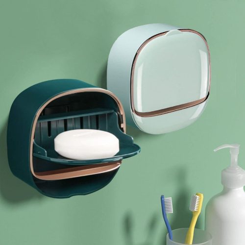 Wall Mounted Soap Box, Flip Lid Soap Dish with Drip Tray, No Drilling, Waterproof Soap Holder, Self-Adhesive Soap Dish, Soap Dish Soap Box for Bathroom, Kitchen, Shower, School,