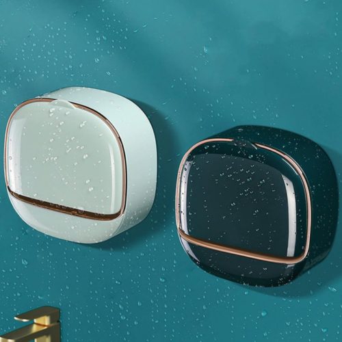 Wall Mounted Soap Box, Flip Lid Soap Dish with Drip Tray, No Drilling, Waterproof Soap Holder, Self-Adhesive Soap Dish, Soap Dish Soap Box for Bathroom, Kitchen, Shower, School,